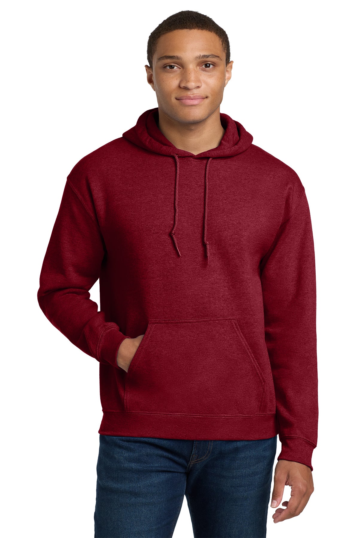 Gildan Heavy Blend hoodie, 8 oz, XS–5X. Soft cotton-poly fleece that lasts
