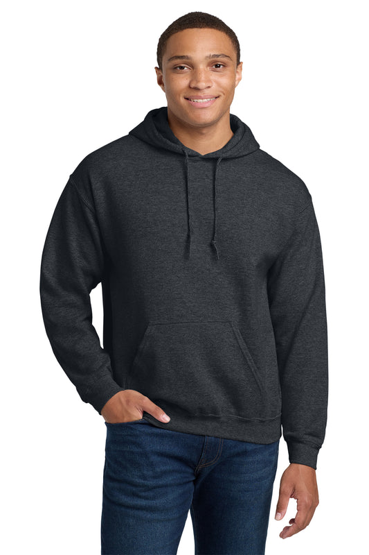 Gildan Heavy Blend hoodie, 8 oz, XS–5X. Soft cotton-poly fleece that lasts