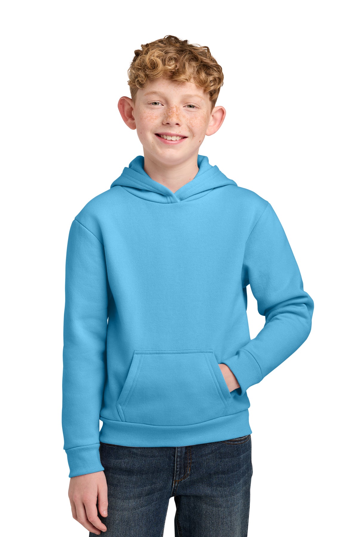 Youth 7 oz fleece pullover hoodies, sizes XS–XL. Soft, warm and durable.