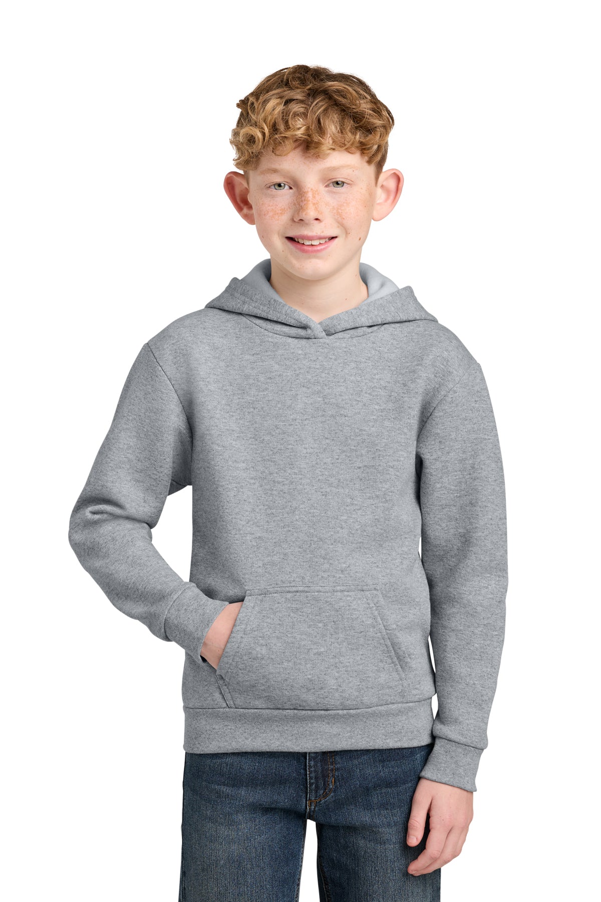 Youth 7 oz fleece pullover hoodies, sizes XS–XL. Soft, warm and durable.