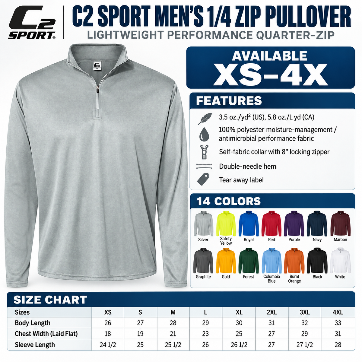 Men's Performance Quarter-Zip Pullover Moisture Wicking Athletic Top