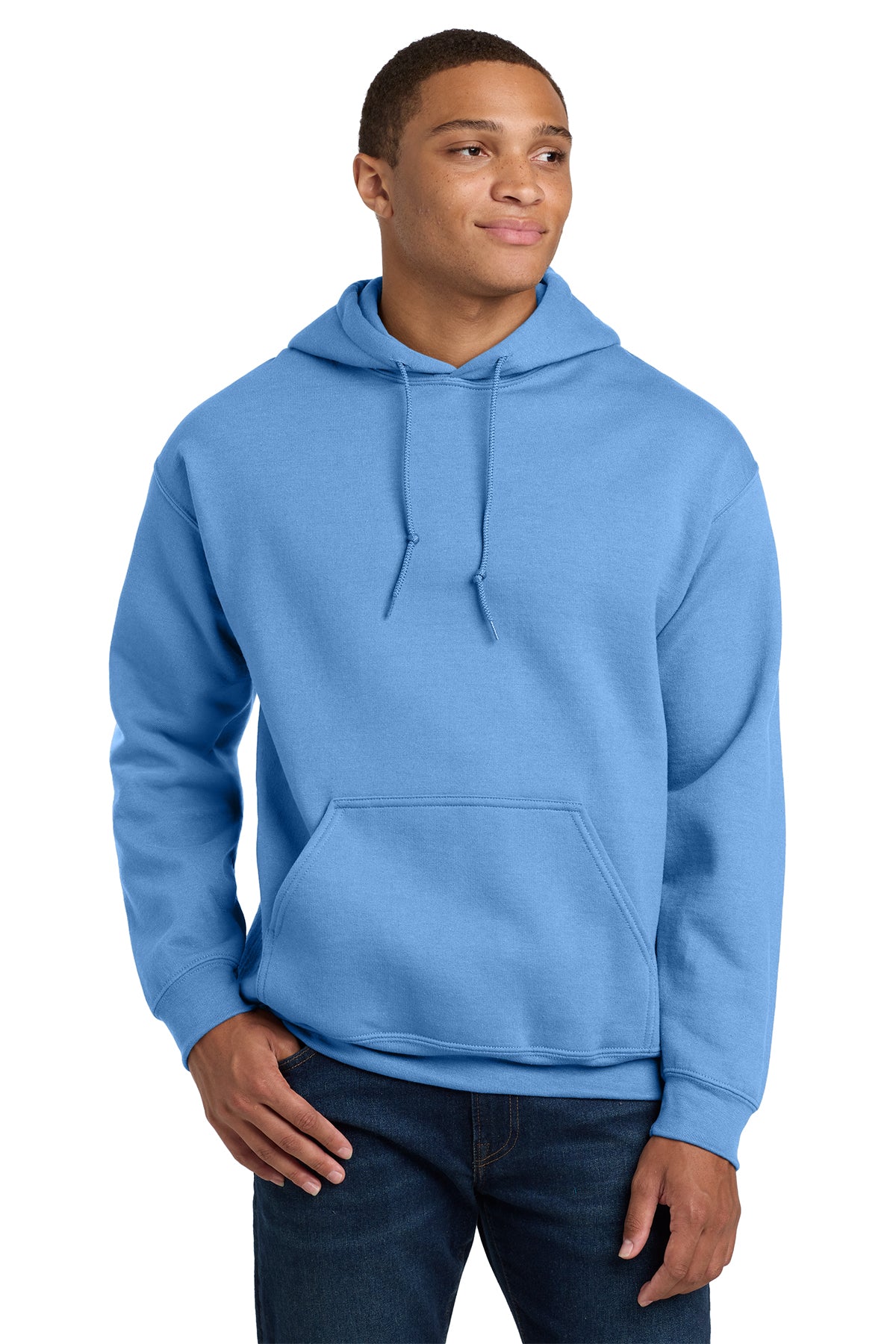 Gildan Heavy Blend hoodie, 8 oz, XS–5X. Soft cotton-poly fleece that lasts