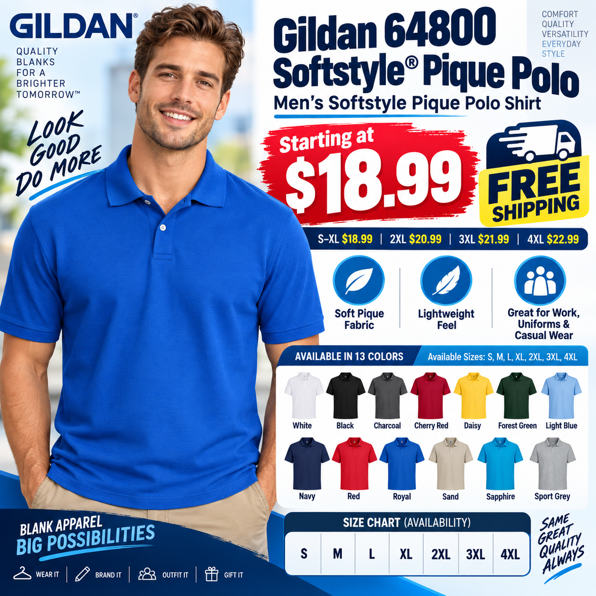 Men’s Softstyle Pique Polo Shirt Moisture Wicking Casual Work Polo