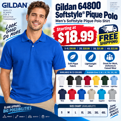 Men’s Softstyle Pique Polo Shirt Moisture Wicking Casual Work Polo