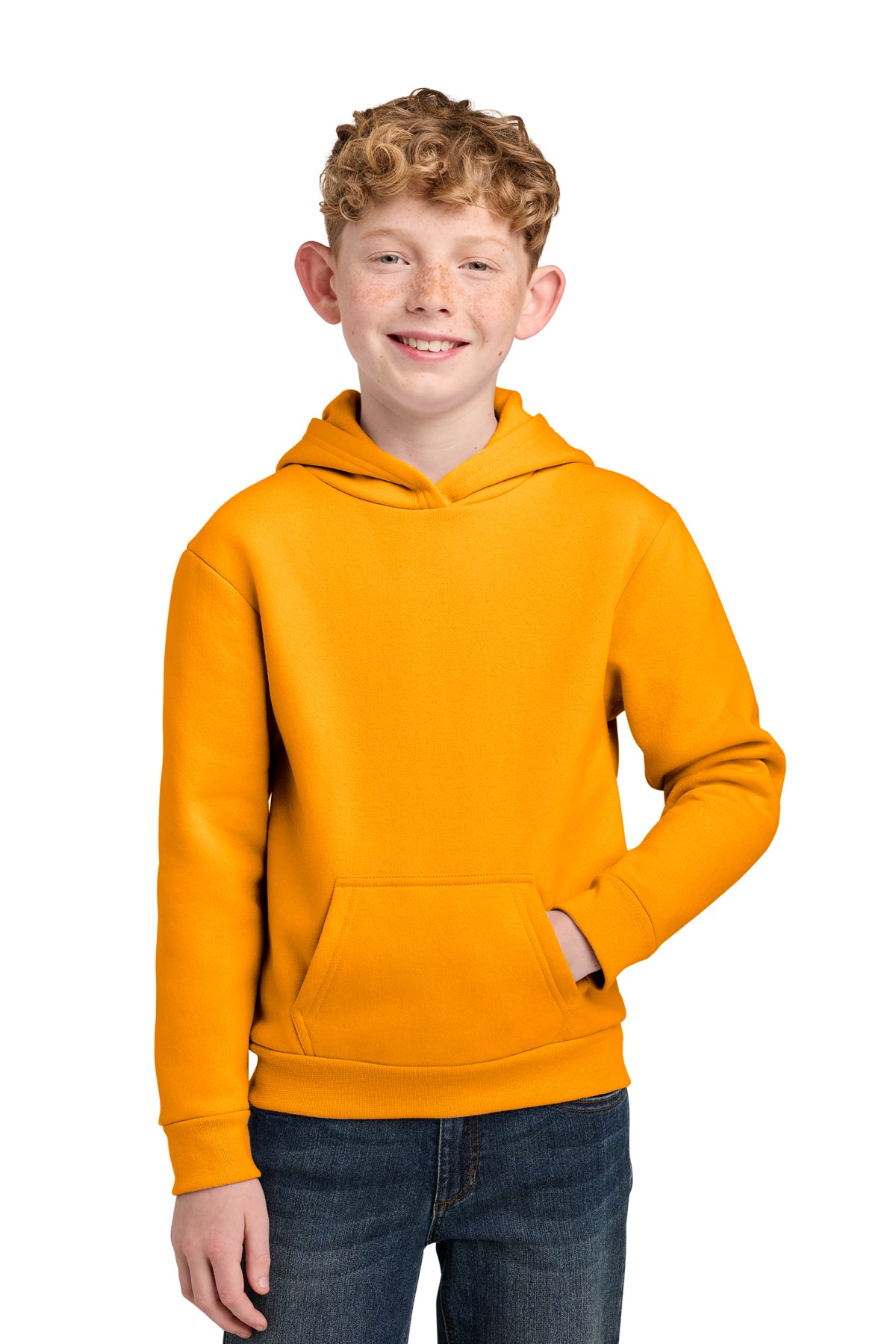 Youth 7 oz fleece pullover hoodies, sizes XS–XL. Soft, warm and durable.