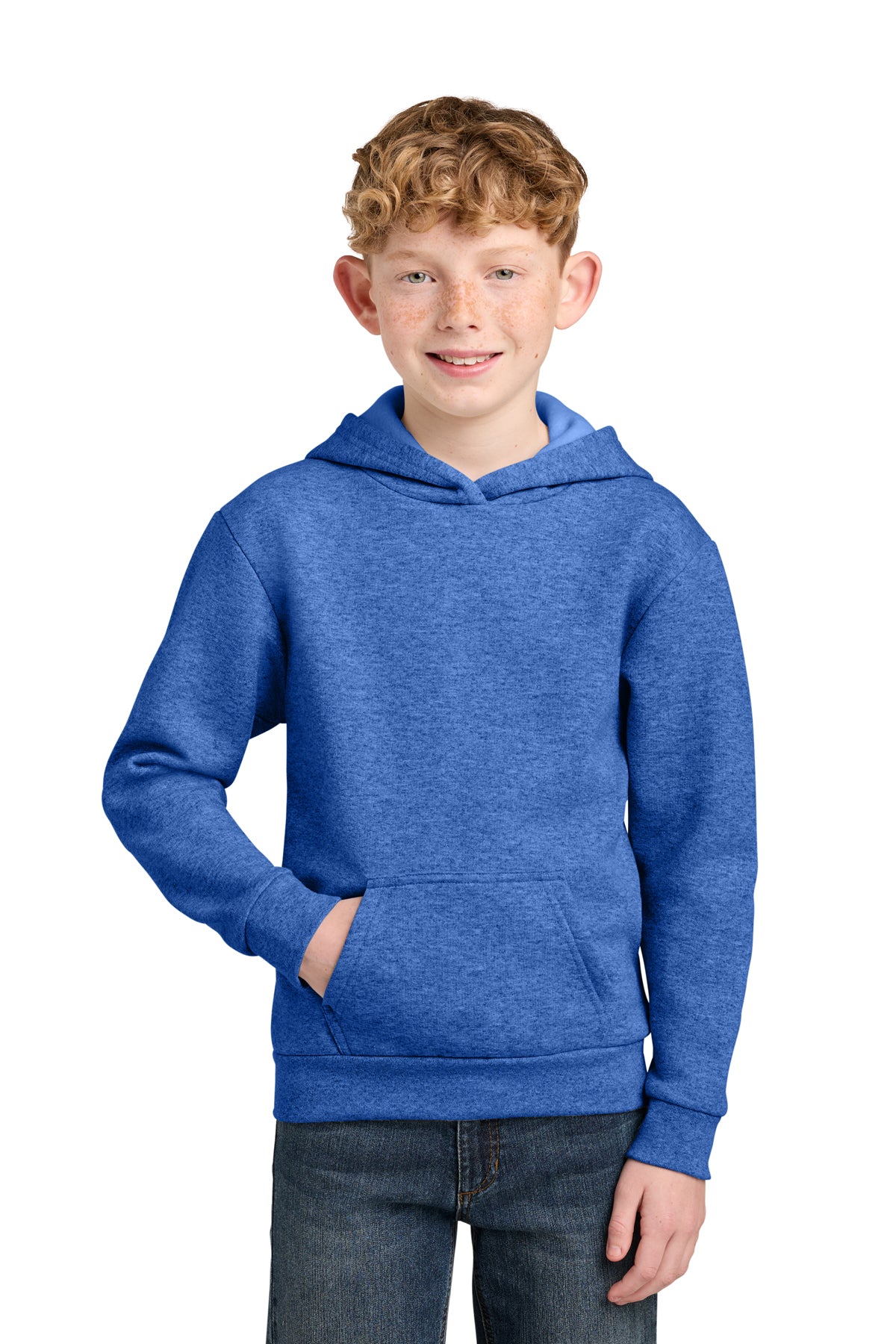 Youth 7 oz fleece pullover hoodies, sizes XS–XL. Soft, warm and durable.