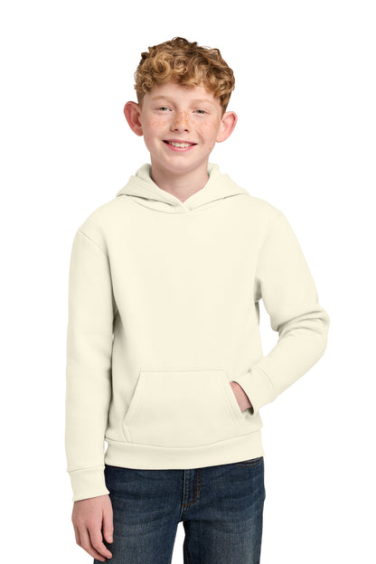 Youth 7 oz fleece pullover hoodies, sizes XS–XL. Soft, warm and durable.