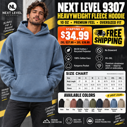 Next Level Heavyweight Pullover Hoodie Oversized 10 oz Unisex Fleece