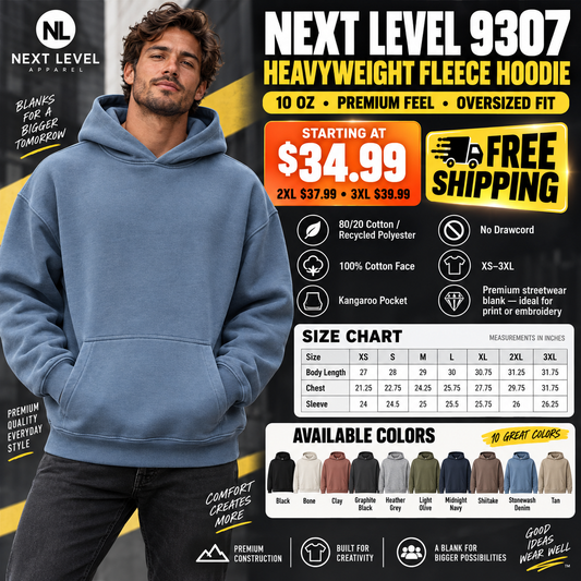 Next Level Heavyweight Pullover Hoodie Oversized 10 oz Unisex Fleece