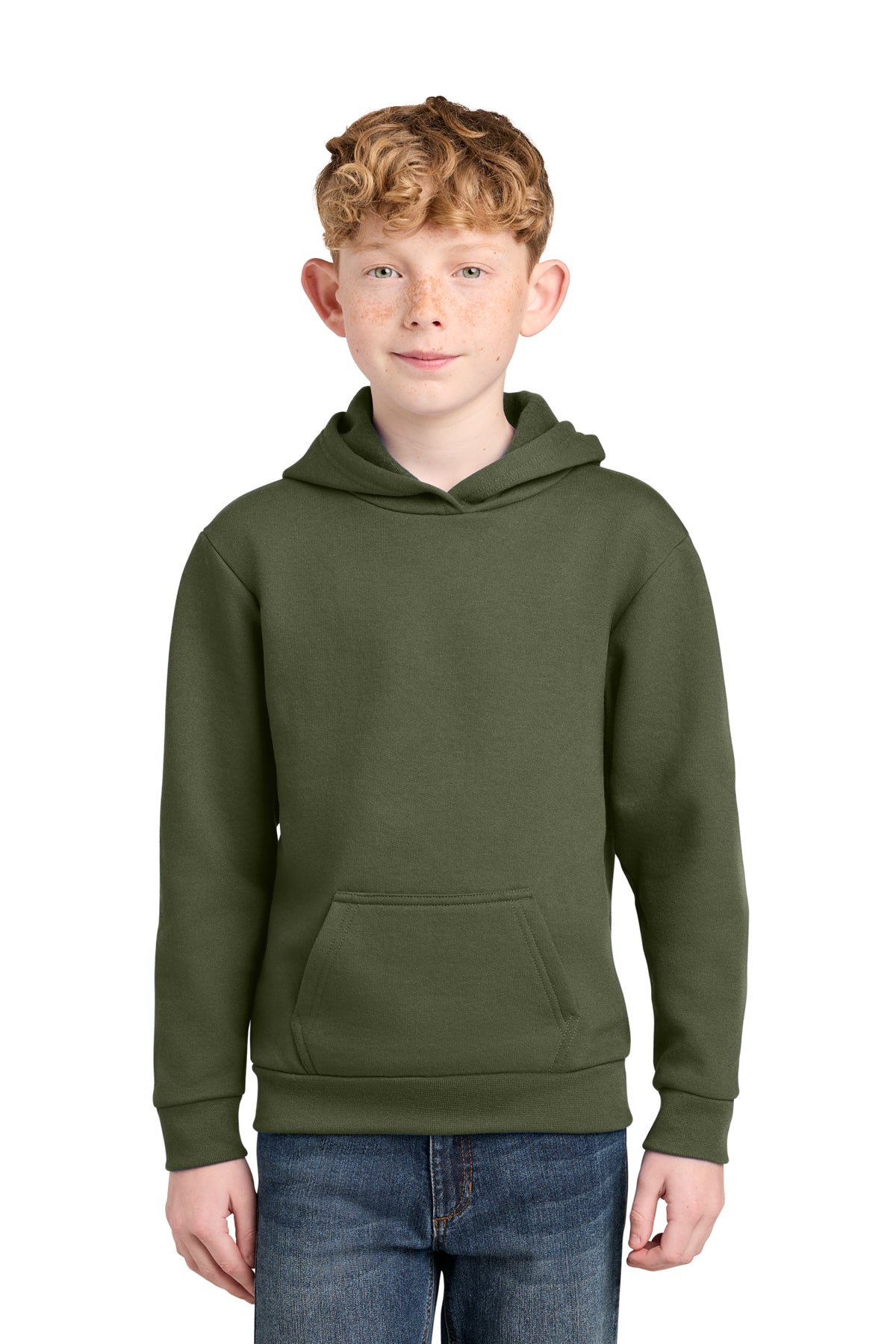 Youth 7 oz fleece pullover hoodies, sizes XS–XL. Soft, warm and durable.