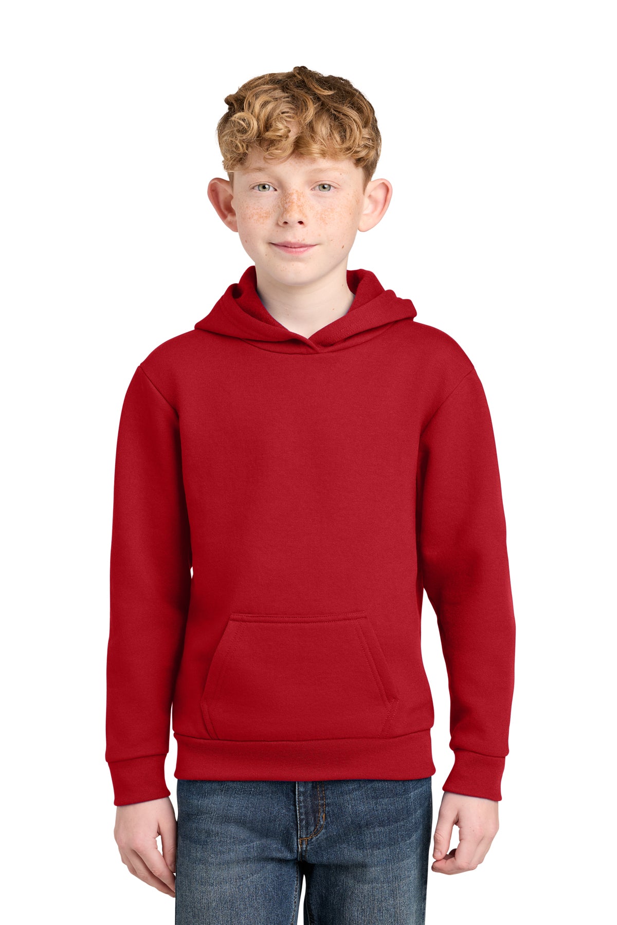 Youth 7 oz fleece pullover hoodies, sizes XS–XL. Soft, warm and durable.
