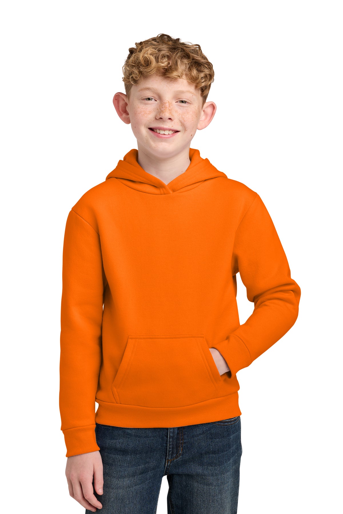 Youth 7 oz fleece pullover hoodies, sizes XS–XL. Soft, warm and durable.