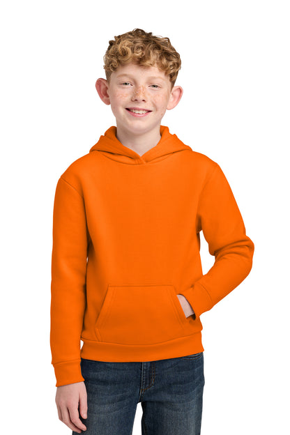 Youth 7 oz fleece pullover hoodies, sizes XS–XL. Soft, warm and durable.