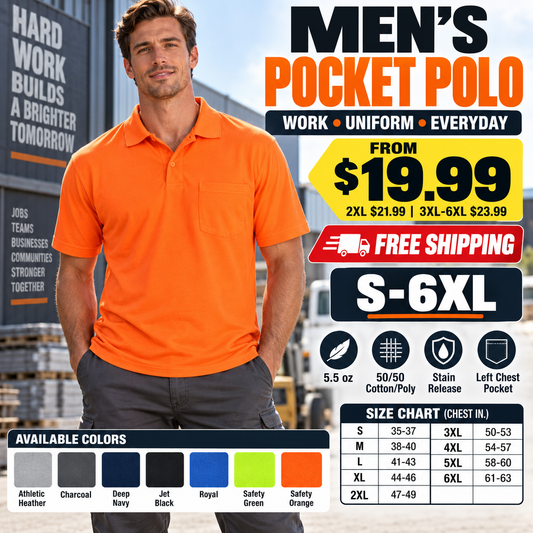 Men's Pocket Polo Shirt Work Uniform Stain Release S-6XL
