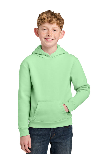 Youth 7 oz fleece pullover hoodies, sizes XS–XL. Soft, warm and durable.