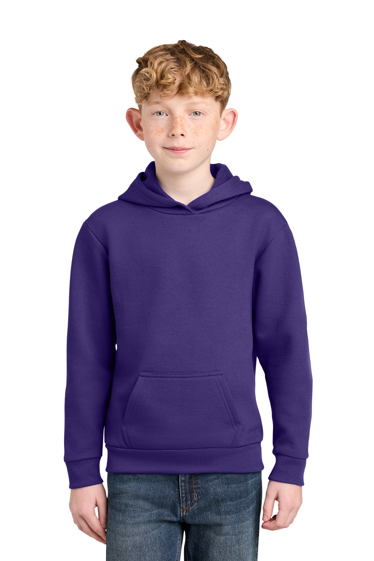 Youth 7 oz fleece pullover hoodies, sizes XS–XL. Soft, warm and durable.