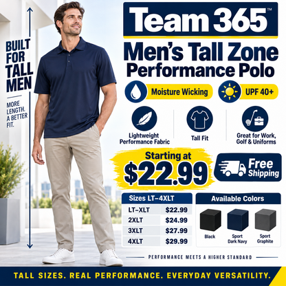 Men's Tall Performance Polo Moisture Wicking UPF 40+ LT-4XLT