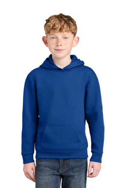 Youth 7 oz fleece pullover hoodies, sizes XS–XL. Soft, warm and durable.