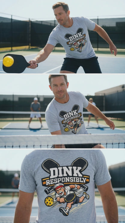 Dink Responsibly pickleball shirt. Soft, lightweight, modern fit for players